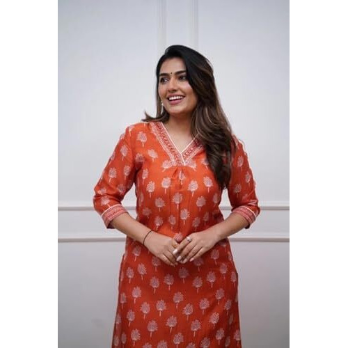 Fabnex Kurta Set For Women | Women Kurti Pant Set (K-156-Orange-S)