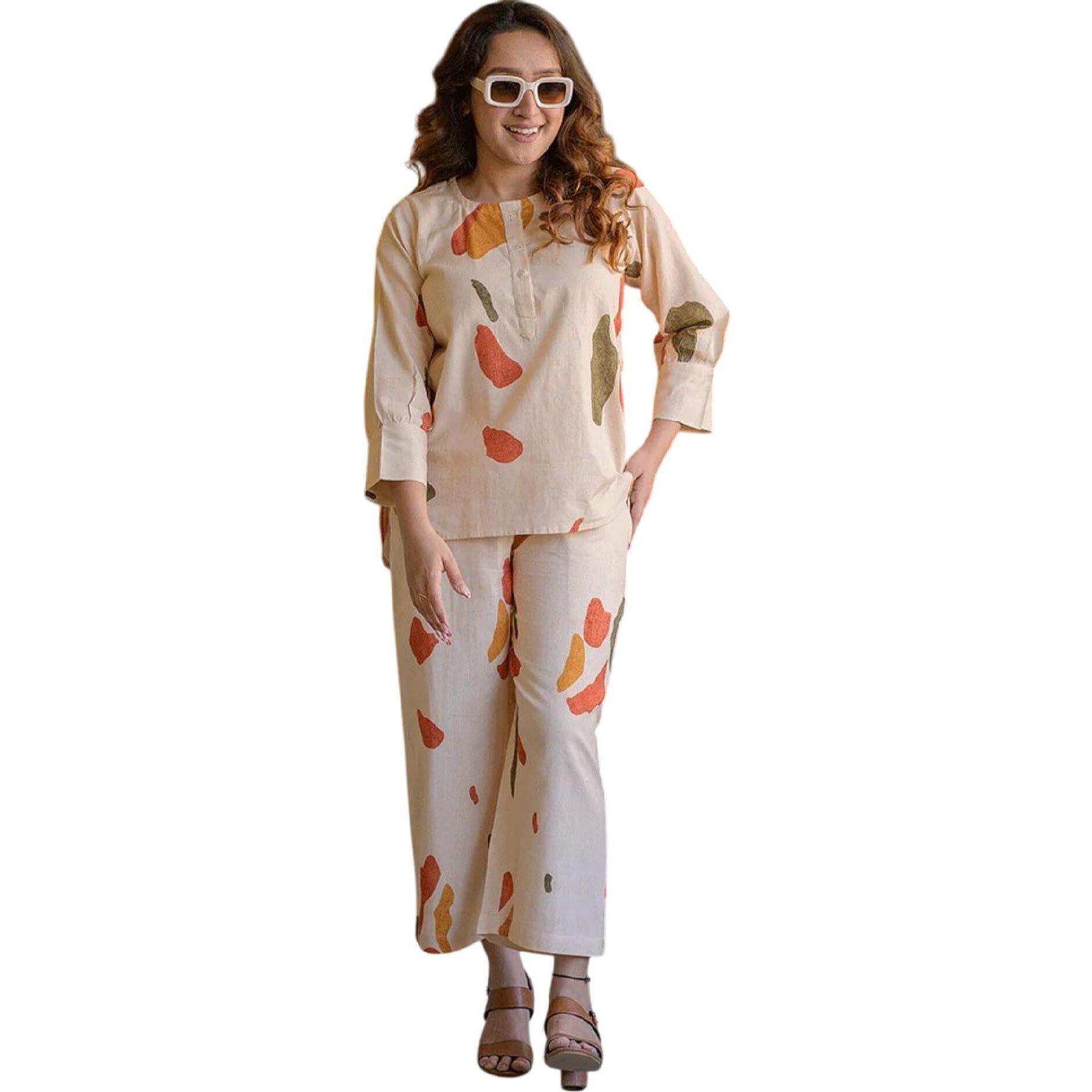 Fabnex Stylish Printed Cotton Blend Co Ord Set For Women || Casual & Festive Indo-Western Outfit (K 125-127) (Beige, 2Xl)