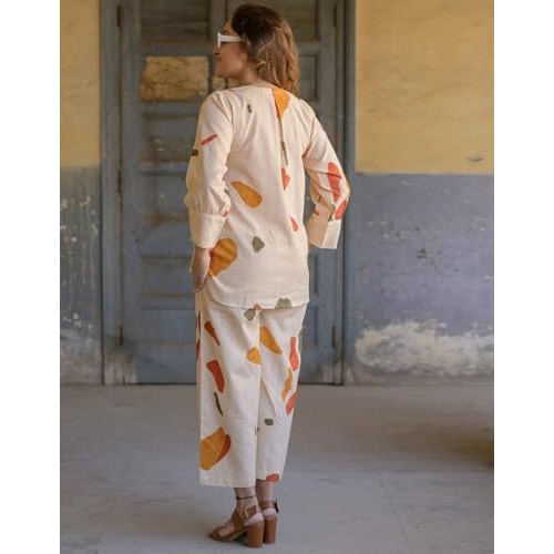 Fabnex Stylish Printed Cotton Blend Co Ord Set For Women || Casual & Festive Indo-Western Outfit (K 125-127) (Beige, S)