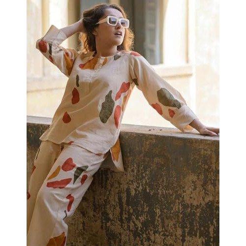 Fabnex Stylish Printed Cotton Blend Co Ord Set For Women || Casual & Festive Indo-Western Outfit (K 125-127) (Beige, S)