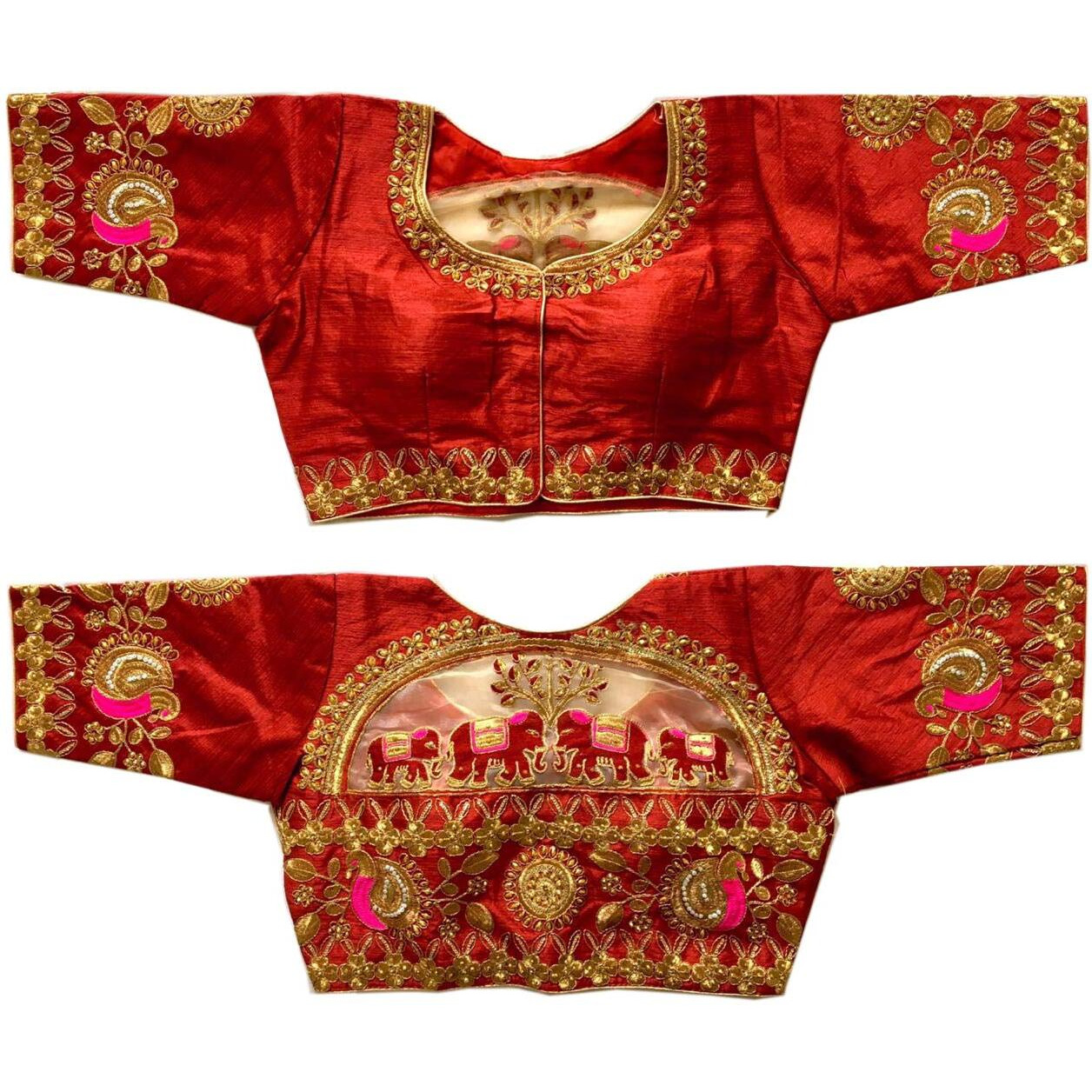 Pujia Mills Women's Phantom Silk Floral Half Sleeve Saree Blouse (Handwork Blouse_Maroon_Size 38+4Inch Margin)