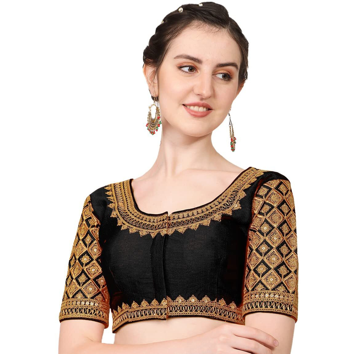 Pujia Mills Women's Phantom Silk Embroidery Handwork Sequence Work Heavy Sleeves Readymade Blouse (Size 38+Margin) (Black)