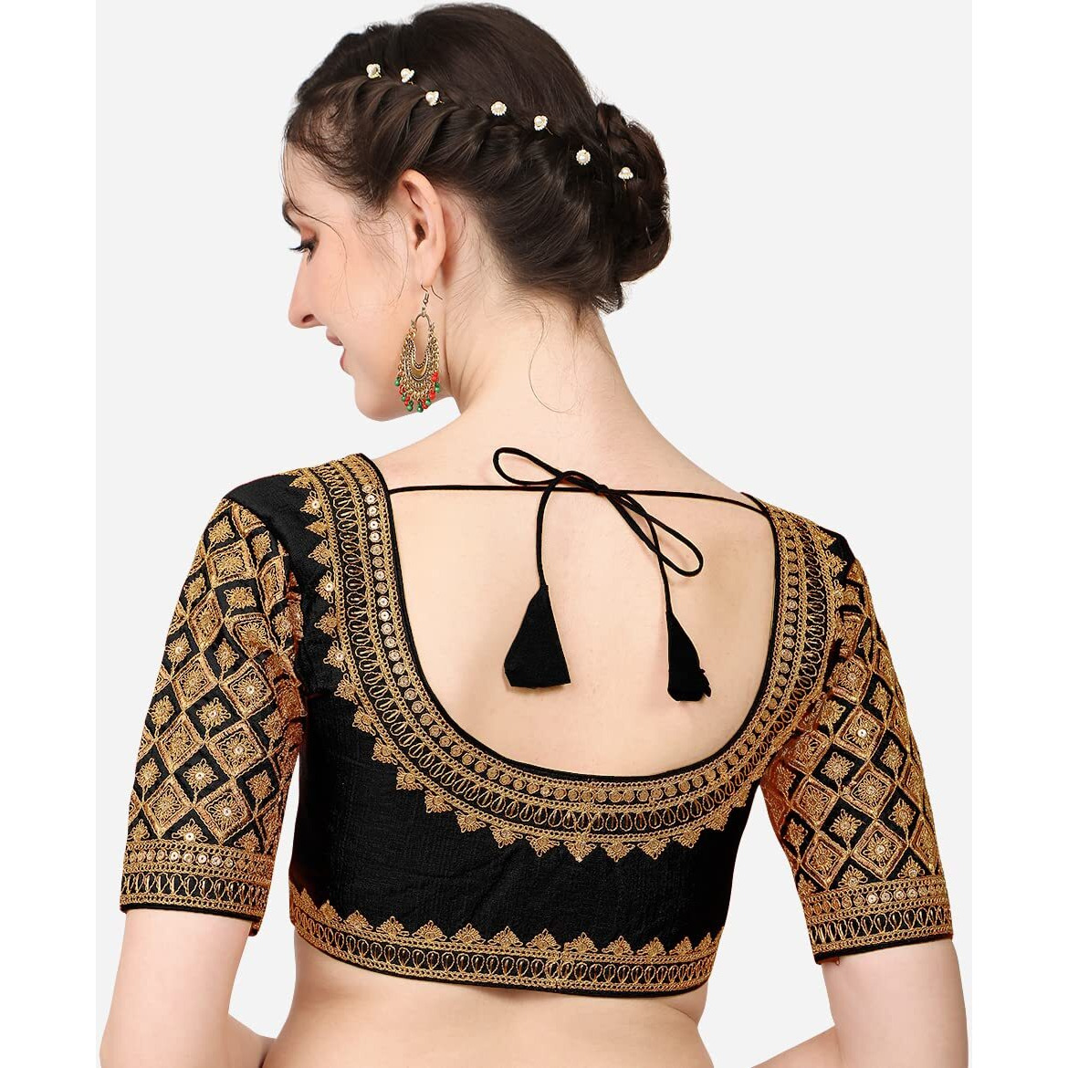 Pujia Mills Women's Phantom Silk Embroidery Handwork Sequence Work Heavy Sleeves Readymade Blouse (Size 38+Margin) (Black)