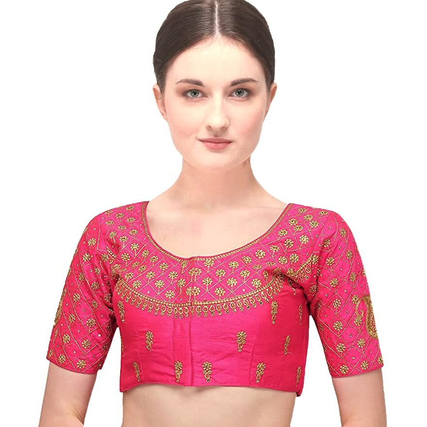 Pujia Mils Women's Silk Embroidered Half Sleeve Blouse (Keri_Pink_38)