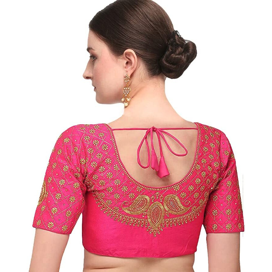 Pujia Mils Women's Silk Embroidered Half Sleeve Blouse (Keri_Pink_38)