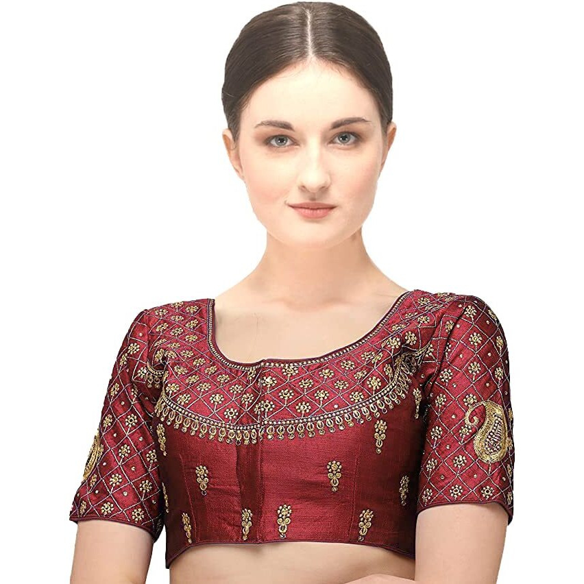 Pujia Mils Women's Silk Solid Half Sleeve Blouse (Keri_Maroon_38)