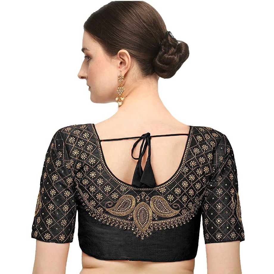 Pujia Mils Women's Silk Solid Half Sleeve Blouse (Keri_Black_38)