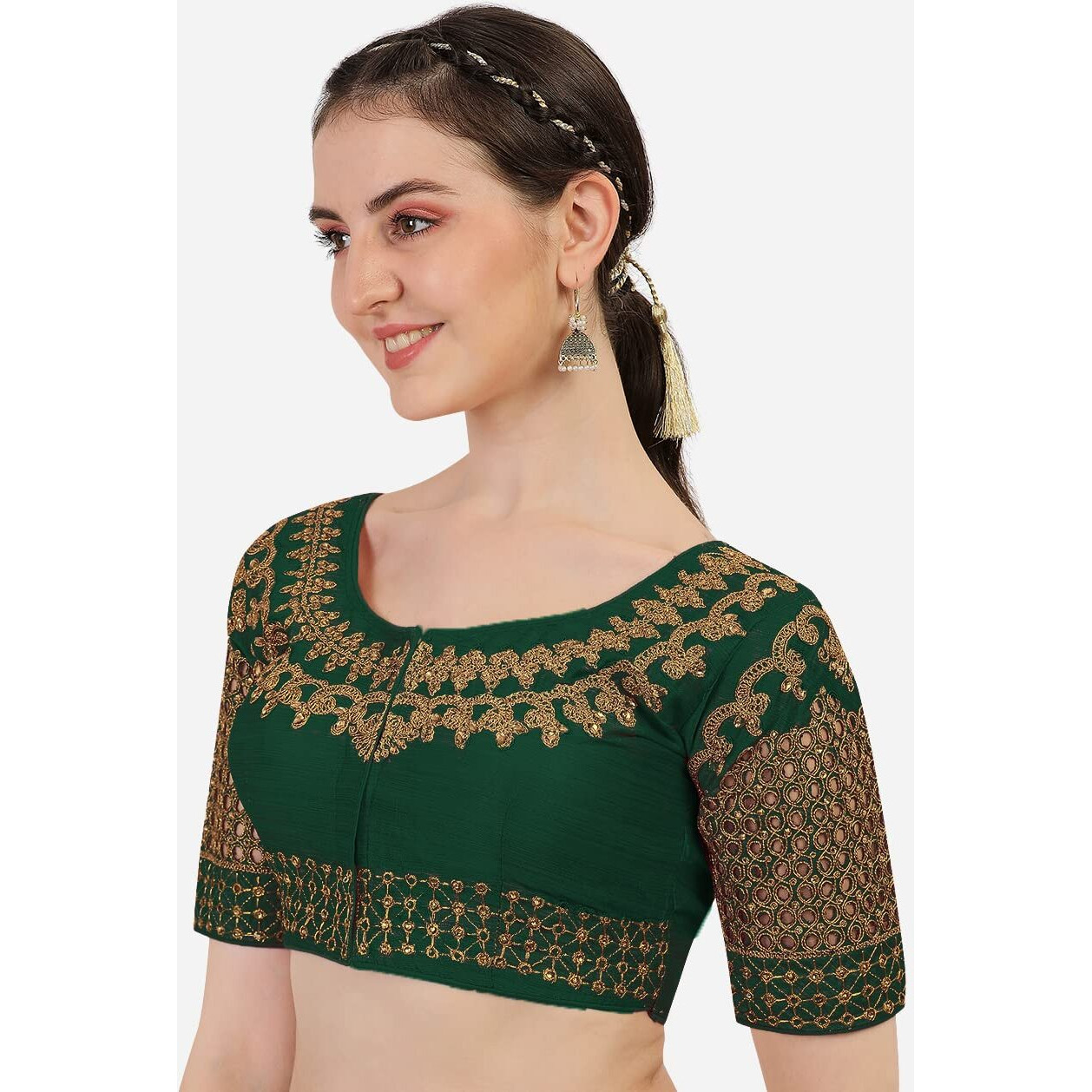 Pujia Mills Women's Silk Embroidery Half Sleeve Blouse (Jali Blouse_Dark Green_Free Size)