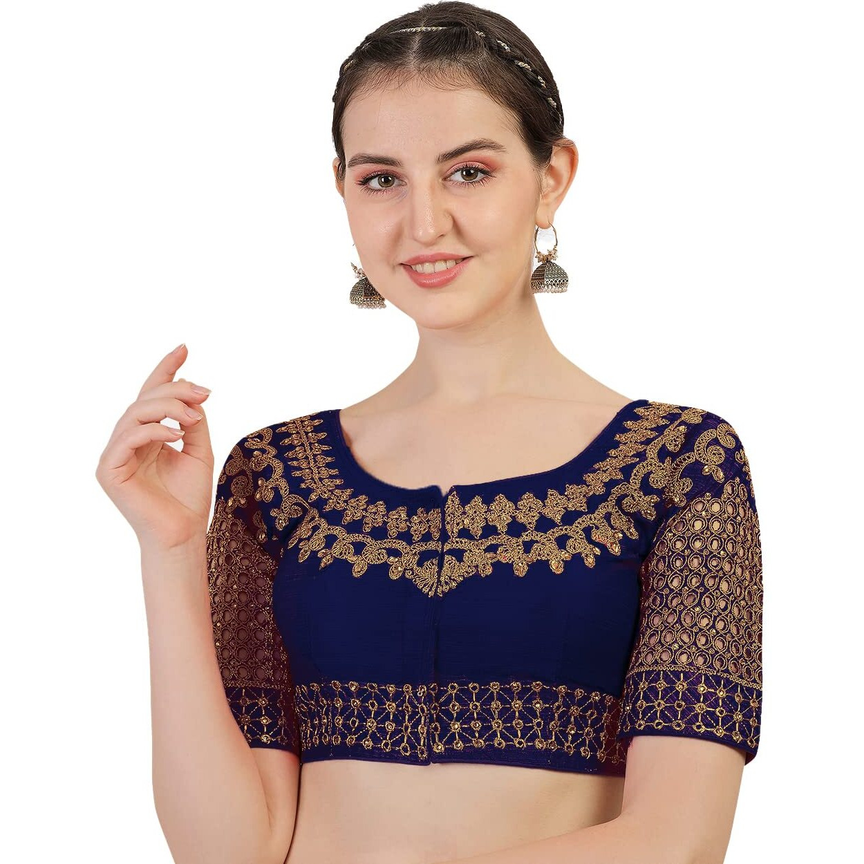 Pujia Mills Women's Silk Embroidery Half Sleeve Blouse (Jali New Variation Blouse_Navy Blue_Free Size)