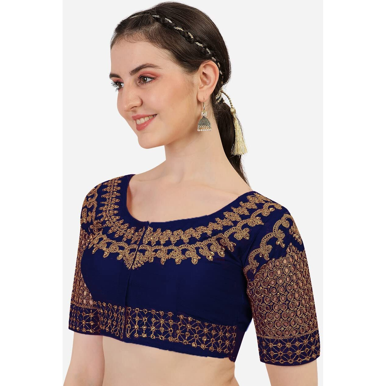 Pujia Mills Women's Silk Embroidery Half Sleeve Blouse (Jali New Variation Blouse_Navy Blue_Free Size)