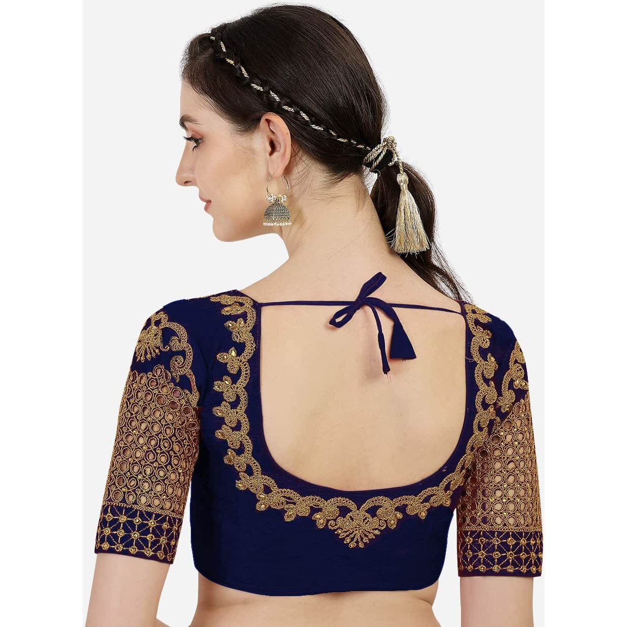 Pujia Mills Women's Silk Embroidery Half Sleeve Blouse (Jali New Variation Blouse_Navy Blue_Free Size)
