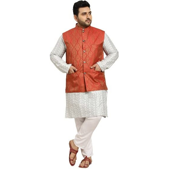 Sojanya (Since 1958 Men's Silk Blend Light Grey Embroidered Kurta & Self Design Nehru Jacket With White Churidar Set Size-3Xl