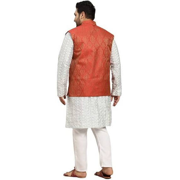 Sojanya (Since 1958 Men's Silk Blend Light Grey Embroidered Kurta & Self Design Nehru Jacket With White Churidar Set Size-3Xl
