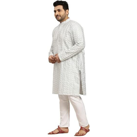 Sojanya (Since 1958 Men's Silk Blend Light Grey Embroidered Kurta & Self Design Nehru Jacket With White Churidar Set Size-3Xl