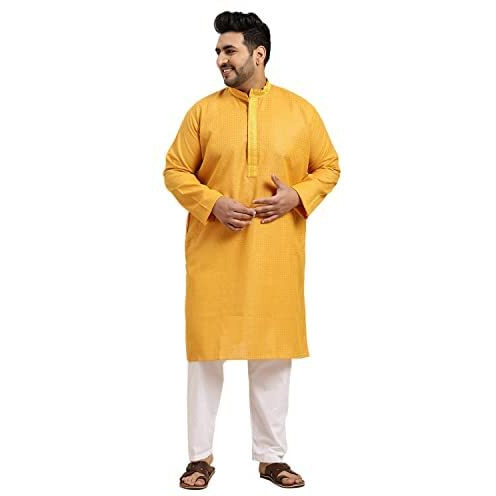 Sojanya Plus (Since 1958) Men's Cotton Mustard Checked Kurta With White Churidar Pyjama Set Size 50