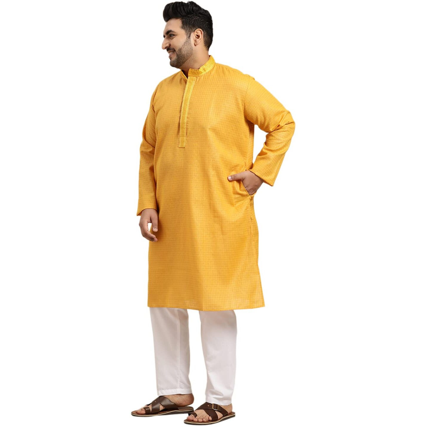 Sojanya Plus (Since 1958) Men's Cotton Mustard Checked Kurta With White Churidar Pyjama Set Size 50