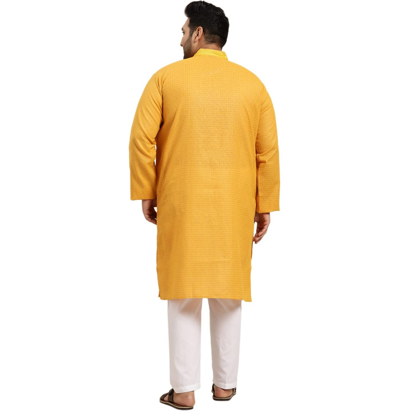 Sojanya Plus (Since 1958) Men's Cotton Mustard Checked Kurta With White Churidar Pyjama Set Size 50