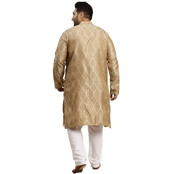 Sojanya (Since 1958 Men's Jacquard Silk Beige & Gold Kurta & Off-White Churidar Pyjama Set Size-7Xl