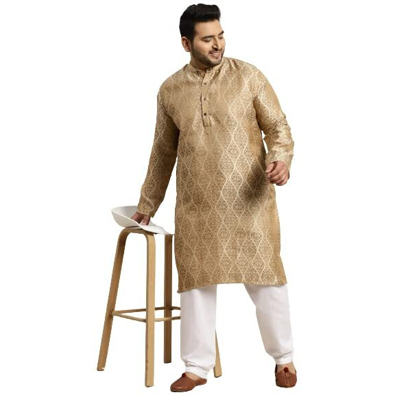 Sojanya (Since 1958 Men's Jacquard Silk Beige & Gold Kurta & Off-White Churidar Pyjama Set Size-7Xl