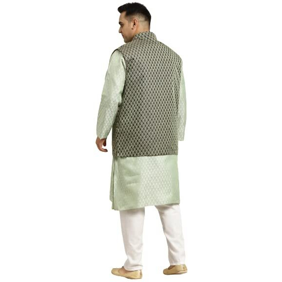 Sojanya (Since 1958 Men's Silk Blend Green Self Design Kurta & Green Nehrujacket With Off-White Churidar Pyjama Set Size-4Xl
