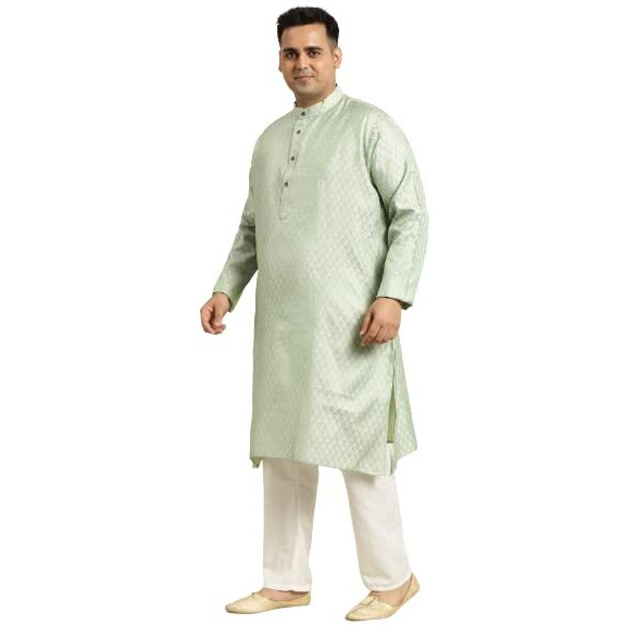 Sojanya (Since 1958 Men's Silk Blend Green Self Design Kurta & Green Nehrujacket With Off-White Churidar Pyjama Set Size-4Xl