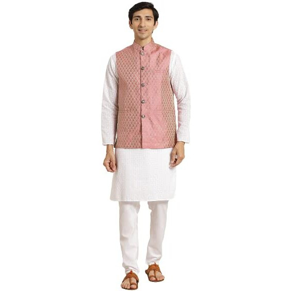 Sojanya (Since 1958 Men's Pure Cotton White Chikankari Kurta & Pink Nehrujacket With White Churidaar Pyjama Set Size-4Xl