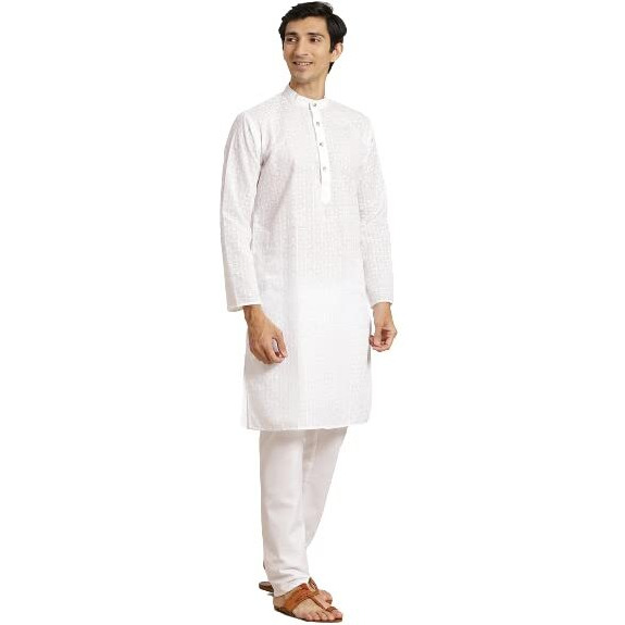 Sojanya (Since 1958 Men's Pure Cotton White Chikankari Kurta & Pink Nehrujacket With White Churidaar Pyjama Set Size-4Xl