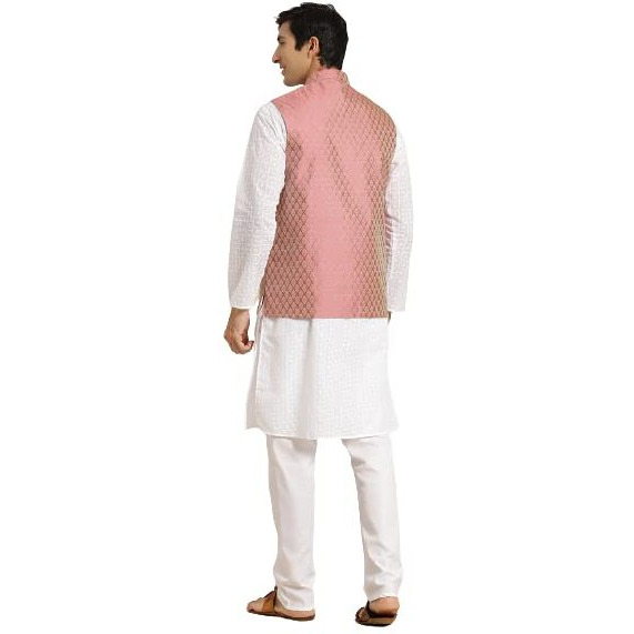 Sojanya (Since 1958 Men's Pure Cotton White Chikankari Kurta & Pink Nehrujacket With White Churidaar Pyjama Set Size-4Xl