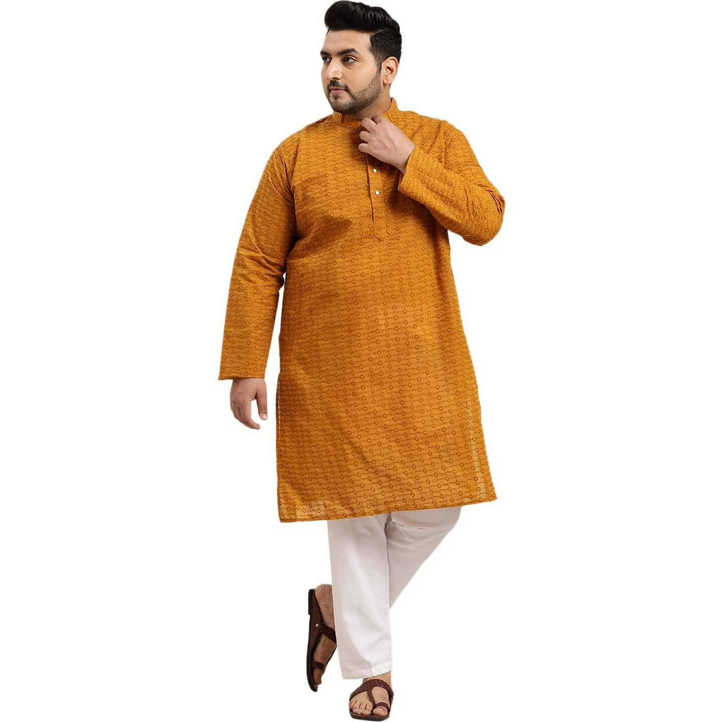 Sojanya Plus (Since 1958) Men's 100% Cotton Mustard Chikankari Kurta & White Churidar Pyjama Size 50