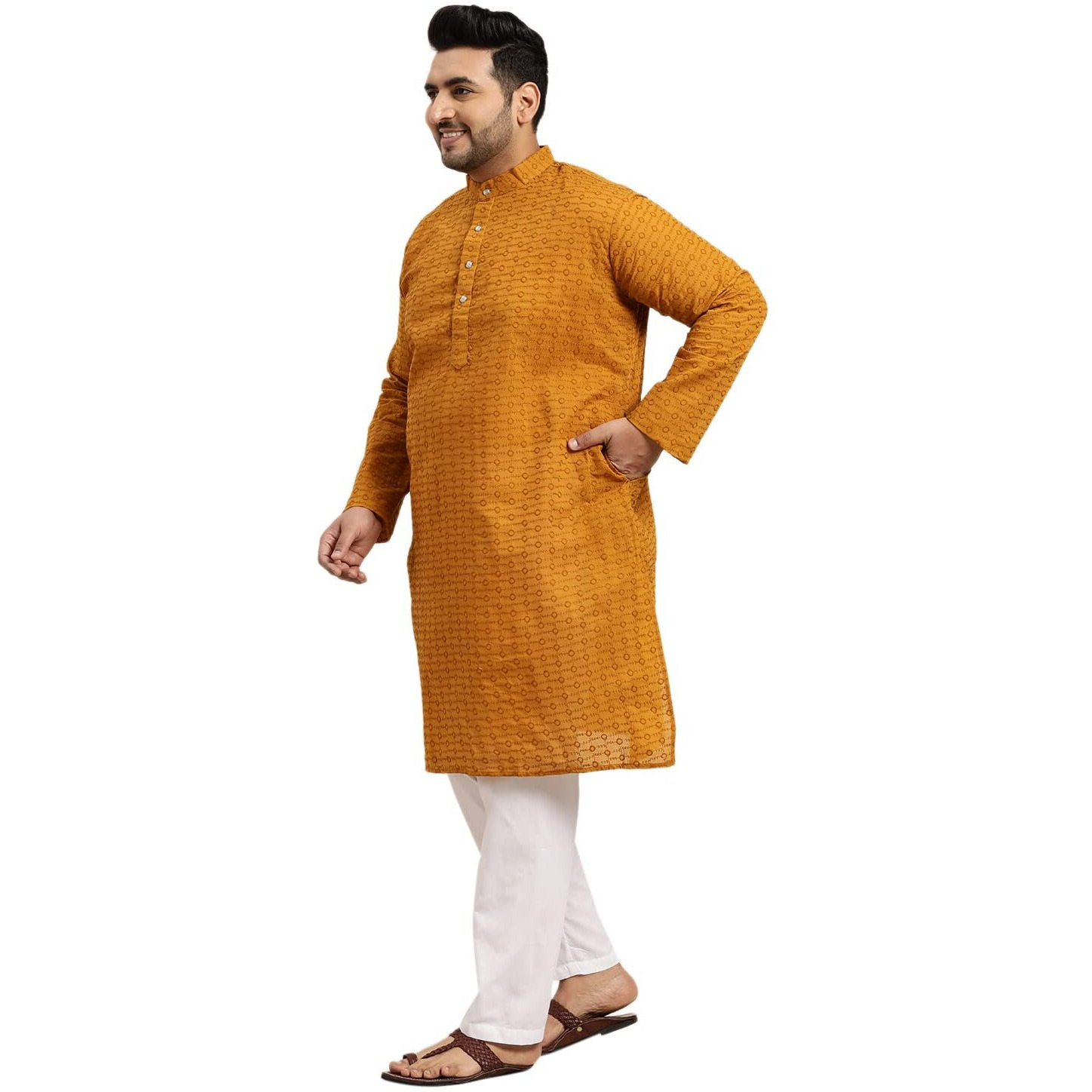 Sojanya Plus (Since 1958) Men's 100% Cotton Mustard Chikankari Kurta & White Churidar Pyjama Size 50