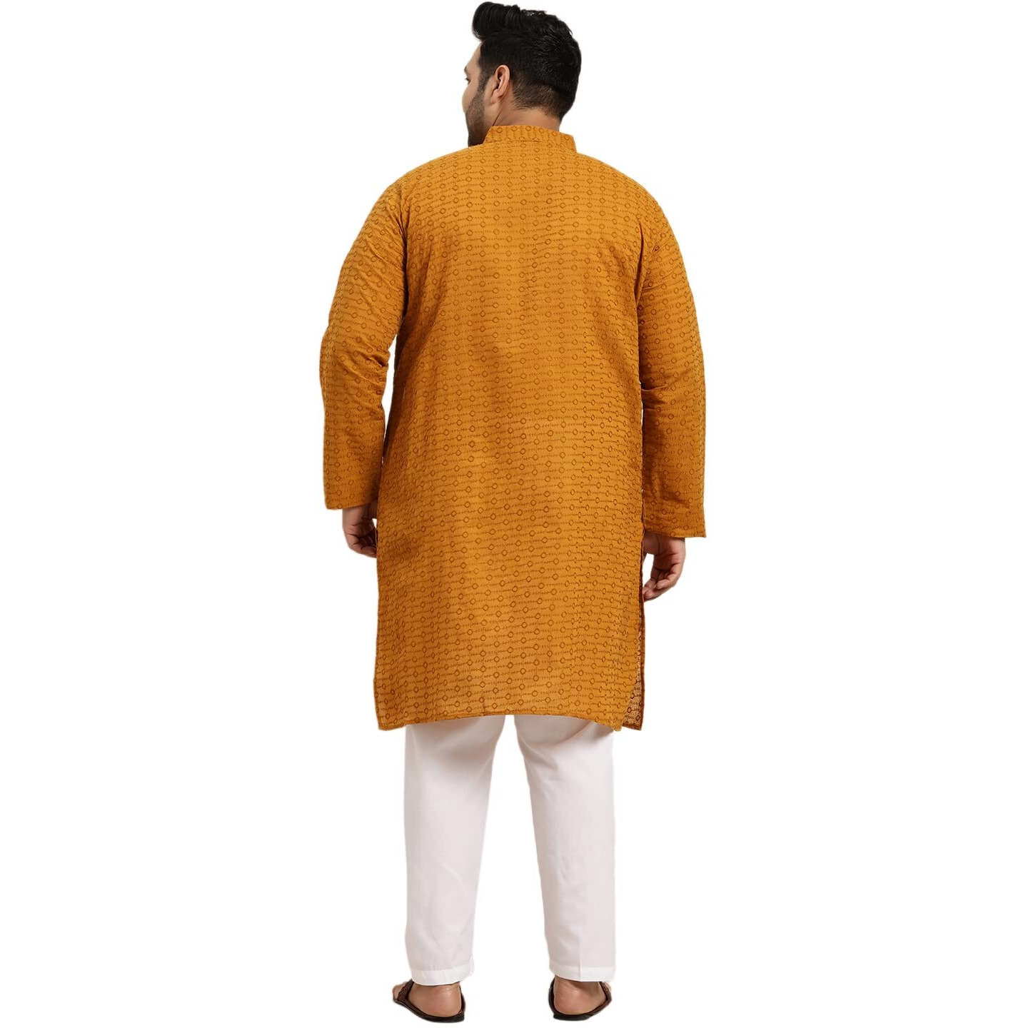 Sojanya Plus (Since 1958) Men's 100% Cotton Mustard Chikankari Kurta & White Churidar Pyjama Size 50
