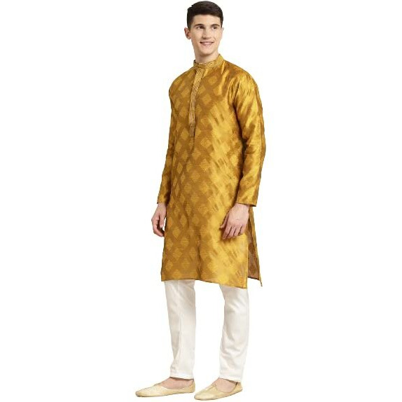 Sojanya Plus (Since 1958) Men's Jacquard Silk Mustard & Gold Only Long Kurta-Size 48