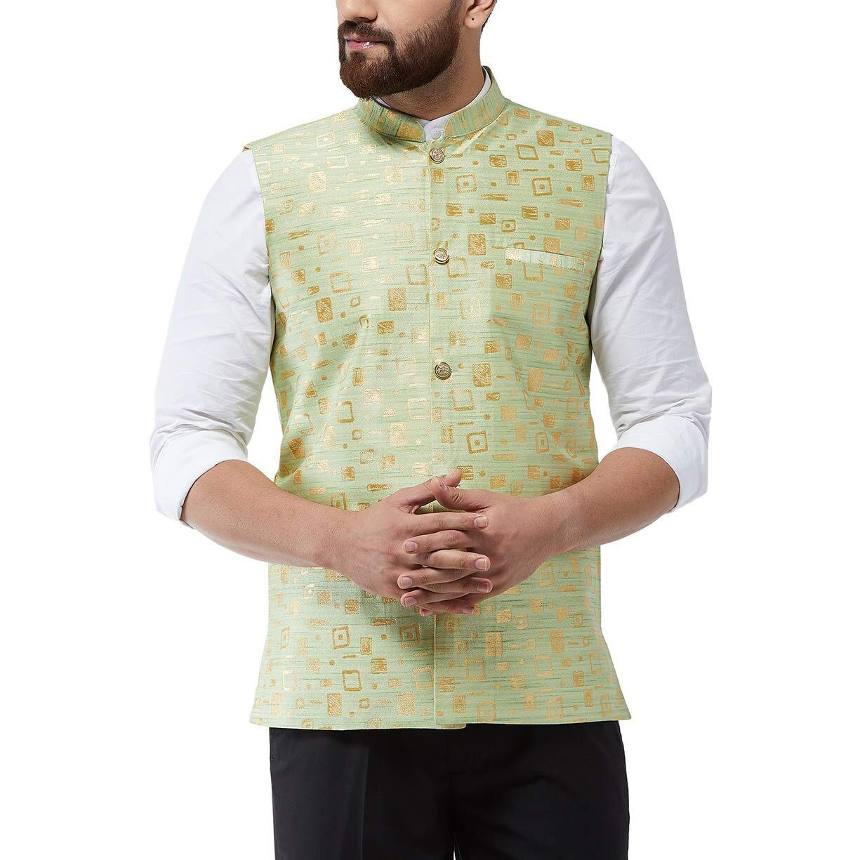 Sojanya (Since 1958 Men's Jacquard Silk Green Designer Nehru Jacket, Size 38
