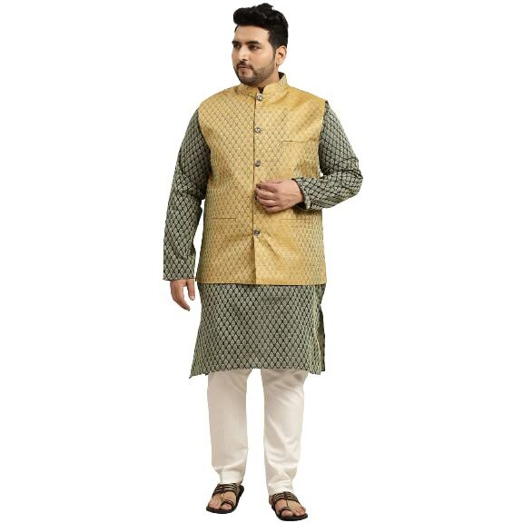 Sojanya (Since 1958 Men's Silk Blend Green Self Design Kurta & Mustard Nehrujacket With Off-White Churidar Pyjama Set Size-Xxl