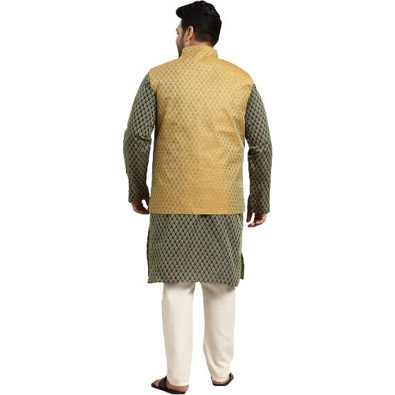 Sojanya (Since 1958 Men's Silk Blend Green Self Design Kurta & Mustard Nehrujacket With Off-White Churidar Pyjama Set Size-Xxl