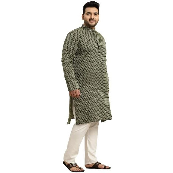 Sojanya (Since 1958 Men's Silk Blend Green Self Design Kurta & Mustard Nehrujacket With Off-White Churidar Pyjama Set Size-Xxl