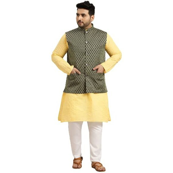 Sojanya Plus (Since 1958) Men's Pure Cotton Yellow Chikankari Kurta & Dark Green Nehrujacket With White Churidar Pyjama Set