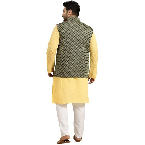 Sojanya Plus (Since 1958) Men's Pure Cotton Yellow Chikankari Kurta & Dark Green Nehrujacket With White Churidar Pyjama Set