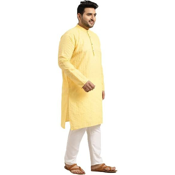 Sojanya Plus (Since 1958) Men's Pure Cotton Yellow Chikankari Kurta & Dark Green Nehrujacket With White Churidar Pyjama Set