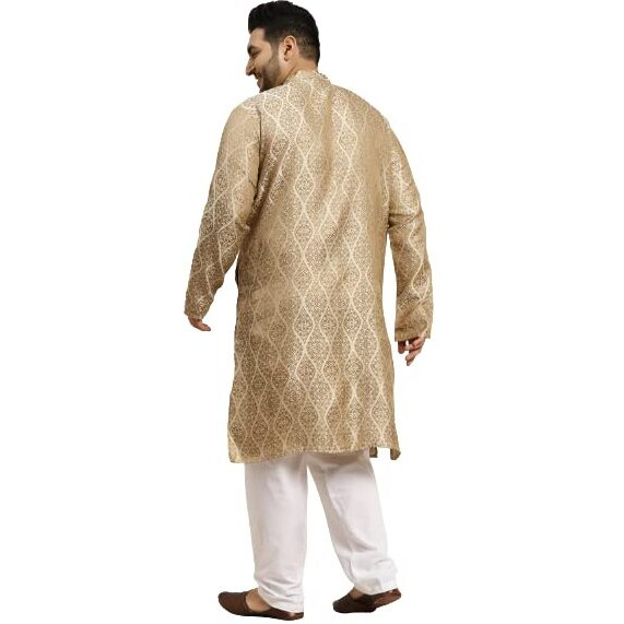 Sojanya Plus (Since 1958) Men's Jacquard Silk Beige & Gold Only Long Kurta-Size 48