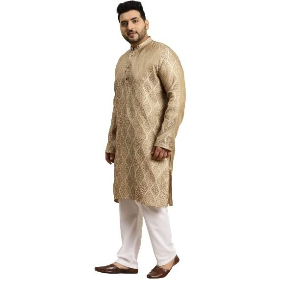 Sojanya Plus (Since 1958) Men's Jacquard Silk Beige & Gold Only Long Kurta-Size 48