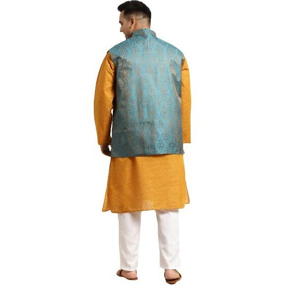 Sojanya (Since 1958 Men's Pure Cotton Mustard Chikankari Kurta & Teal Blue Nehrujacket With White Churidar Pyjama Set Size-3Xl