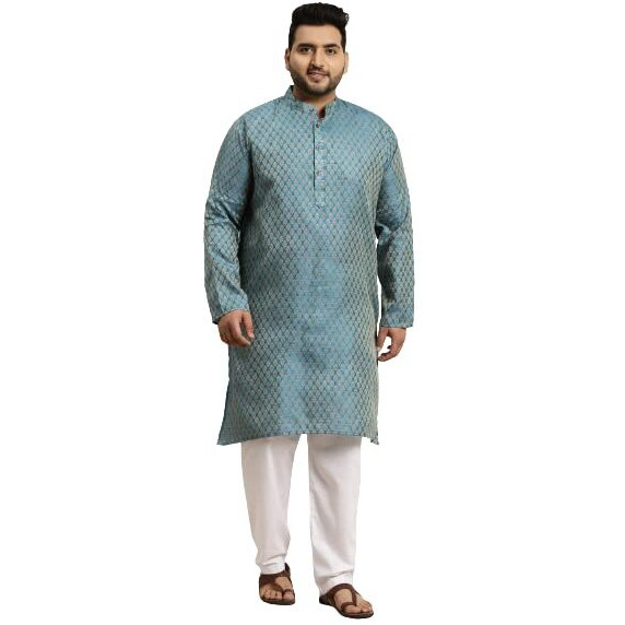 Sojanya (Since 1958 Men's Jacquard Silk Peacock Blue Self Design Kurta & Off-White Churidar Pyjama Set Size-5Xl