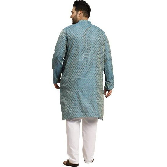 Sojanya (Since 1958 Men's Jacquard Silk Peacock Blue Self Design Kurta & Off-White Churidar Pyjama Set Size-5Xl