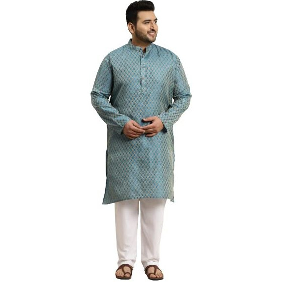 Sojanya (Since 1958 Men's Jacquard Silk Peacock Blue Self Design Kurta & Off-White Churidar Pyjama Set Size-5Xl