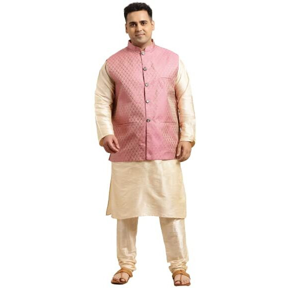 Sojanya (Since 1958 Men's Silk Blend Gold Kurta & Churidaar Pyjama With Pink Nehrujacket Set Size-5Xl