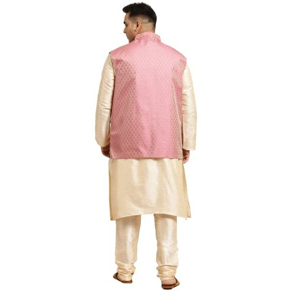 Sojanya (Since 1958 Men's Silk Blend Gold Kurta & Churidaar Pyjama With Pink Nehrujacket Set Size-5Xl