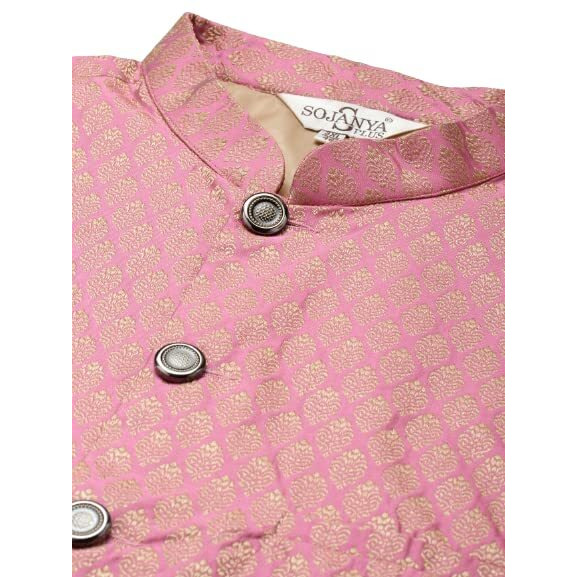 Sojanya (Since 1958 Men's Silk Blend Gold Kurta & Churidaar Pyjama With Pink Nehrujacket Set Size-5Xl