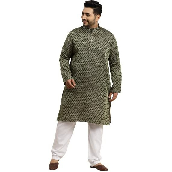 Sojanya (Since 1958 Men's Jacquard Silk Dark Green Self Design Kurta & Off-White Churidar Pyjama Set Size-6Xl