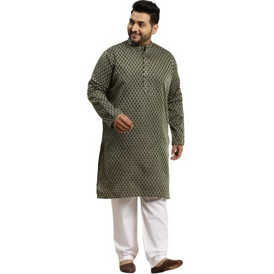 Sojanya (Since 1958 Men's Jacquard Silk Dark Green Self Design Kurta & Off-White Churidar Pyjama Set Size-6Xl